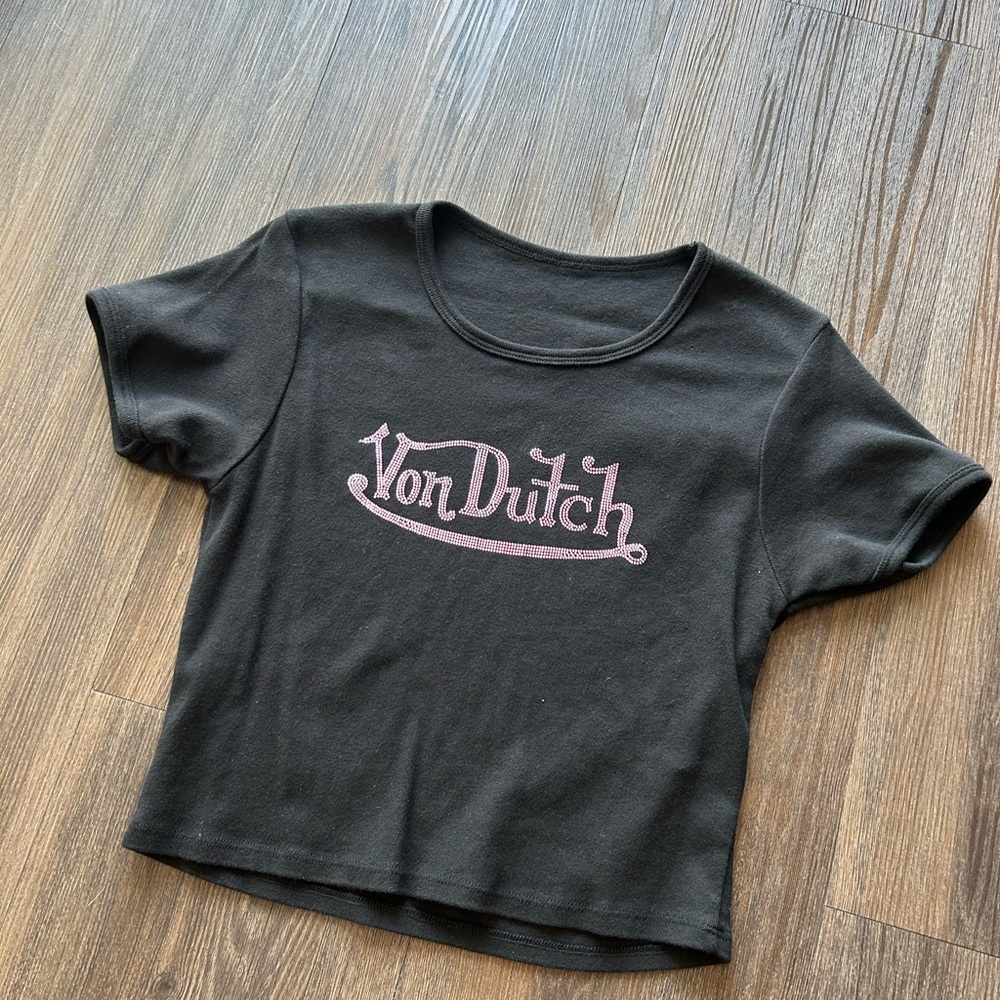 VON DUTCH WOMENS BLACK COTTON CRYSTAL RHINESTONE LOGO BABY TEE SHIRT SIZE LARGE